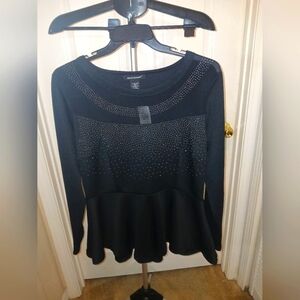 NWT Black Rhinestone Mesh Trim long-sleeved Peplum Stretch top.